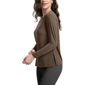 imageODODOS Womens PeachSoft Boat Neck Long Sleeve Shirt Side Slit Relaxed Fit Casual Top for Yoga ampamp LoungeNutria