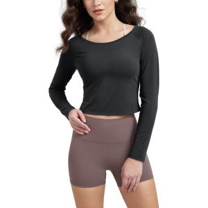 imageODODOS Womens PeachSoft Cropped Long Sleeve Tee Wide Scoop Neck Raglan Sleeves Casual Yoga ampamp Lounge ShirtBlack