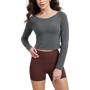 imageODODOS Womens PeachSoft Cropped Long Sleeve Tee Wide Scoop Neck Raglan Sleeves Casual Yoga ampamp Lounge ShirtCharcoal