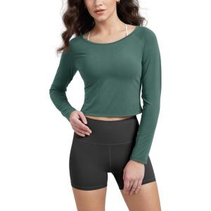 imageODODOS Womens PeachSoft Cropped Long Sleeve Tee Wide Scoop Neck Raglan Sleeves Casual Yoga ampamp Lounge ShirtDark Green