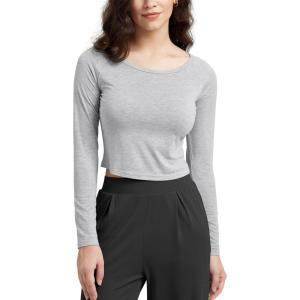 imageODODOS Womens PeachSoft Cropped Long Sleeve Tee Wide Scoop Neck Raglan Sleeves Casual Yoga ampamp Lounge ShirtHeather Grey