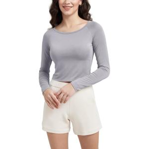 imageODODOS Womens PeachSoft Cropped Long Sleeve Tee Wide Scoop Neck Raglan Sleeves Casual Yoga ampamp Lounge ShirtLight Gray