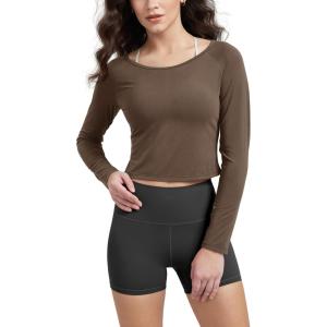 imageODODOS Womens PeachSoft Cropped Long Sleeve Tee Wide Scoop Neck Raglan Sleeves Casual Yoga ampamp Lounge ShirtNutria