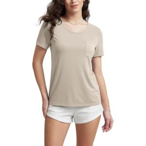 imageODODOS Womens Short Sleeve Pocket Tee Shirts PeachSoft Relaxed Fit Casual Lounge Yoga TopsBeige