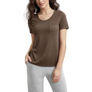 imageODODOS Womens Short Sleeve Pocket Tee Shirts PeachSoft Relaxed Fit Casual Lounge Yoga TopsNutria