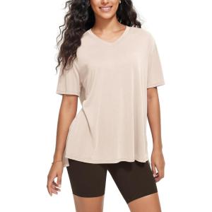 imageODODOS Womens Split Hem Oversize Short Sleeve Shirts Modal Soft V Neck Tee Casual Lounge Yoga TopsBeige