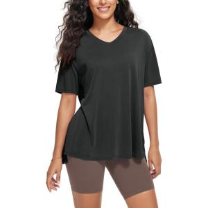 imageODODOS Womens Split Hem Oversize Short Sleeve Shirts Modal Soft V Neck Tee Casual Lounge Yoga TopsBlack