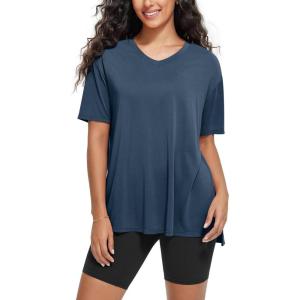 imageODODOS Womens Split Hem Oversize Short Sleeve Shirts Modal Soft V Neck Tee Casual Lounge Yoga TopsDark Blue