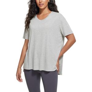 imageODODOS Womens Split Hem Oversize Short Sleeve Shirts Modal Soft V Neck Tee Casual Lounge Yoga TopsHeather Grey
