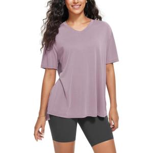 imageODODOS Womens Split Hem Oversize Short Sleeve Shirts Modal Soft V Neck Tee Casual Lounge Yoga TopsLavender