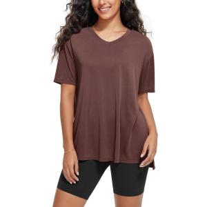 imageODODOS Womens Split Hem Oversize Short Sleeve Shirts Modal Soft V Neck Tee Casual Lounge Yoga TopsSangria