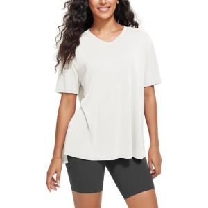 imageODODOS Womens Split Hem Oversize Short Sleeve Shirts Modal Soft V Neck Tee Casual Lounge Yoga TopsWhite