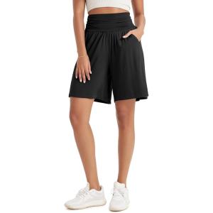 imageODODOS Womens Wide Leg Lounge Shorts with Pockets Lightweight Soft Relaxed Casual Pajama Bottom8quot 10quot InseamBlack