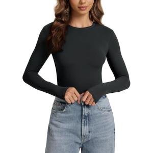 imageODODOS Womens Double Layer Long Sleeve TShirts UltraSoft Lightweight Basic Tee Crew Neck Slim Fit TopBlack