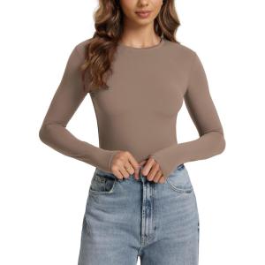 imageODODOS Womens Double Layer Long Sleeve TShirts UltraSoft Lightweight Basic Tee Crew Neck Slim Fit TopChocolate Malt