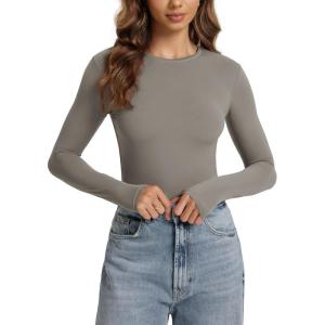 imageODODOS Womens Double Layer Long Sleeve TShirts UltraSoft Lightweight Basic Tee Crew Neck Slim Fit TopDesert Taupe