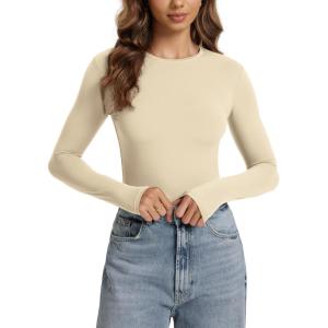 imageODODOS Womens Double Layer Long Sleeve TShirts UltraSoft Lightweight Basic Tee Crew Neck Slim Fit TopWheat