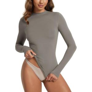 imageODODOS Womens Double Layer Mock Neck Long Sleeve TShirts UltraSoft Lightweight Basic Tee Slim Fit TopDesert Taupe