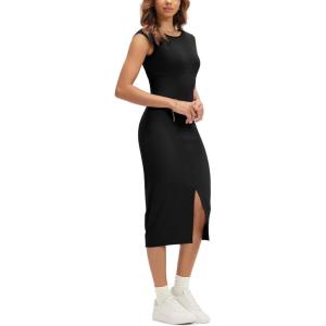 imageODODOS Womens Cloud Feeling Front Split Midi Dress Square Back Crew Neck Sleeveless Bodycon Tank DressBlack
