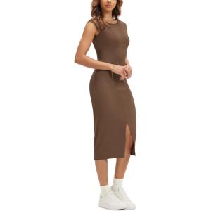 imageODODOS Womens Cloud Feeling Front Split Midi Dress Square Back Crew Neck Sleeveless Bodycon Tank DressBrunette