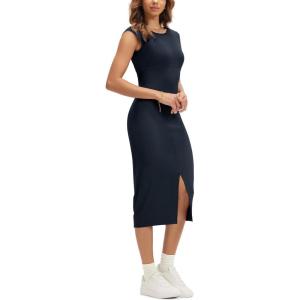 imageODODOS Womens Cloud Feeling Front Split Midi Dress Square Back Crew Neck Sleeveless Bodycon Tank DressDeep Navy