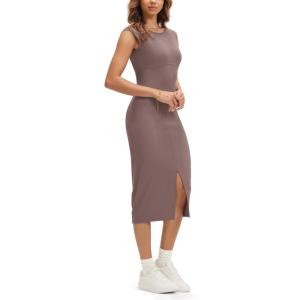 imageODODOS Womens Cloud Feeling Front Split Midi Dress Square Back Crew Neck Sleeveless Bodycon Tank DressPurple Taupe
