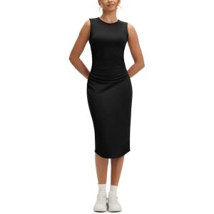 imageODODOS Womens Side Shirred Midi Tank Dress Cloud Feeling Crewneck Sleeveless Bodycon DressBlack