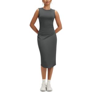 imageODODOS Womens Side Shirred Midi Tank Dress Cloud Feeling Crewneck Sleeveless Bodycon DressCharcoal