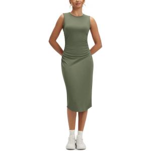imageODODOS Womens Side Shirred Midi Tank Dress Cloud Feeling Crewneck Sleeveless Bodycon DressDark Olive