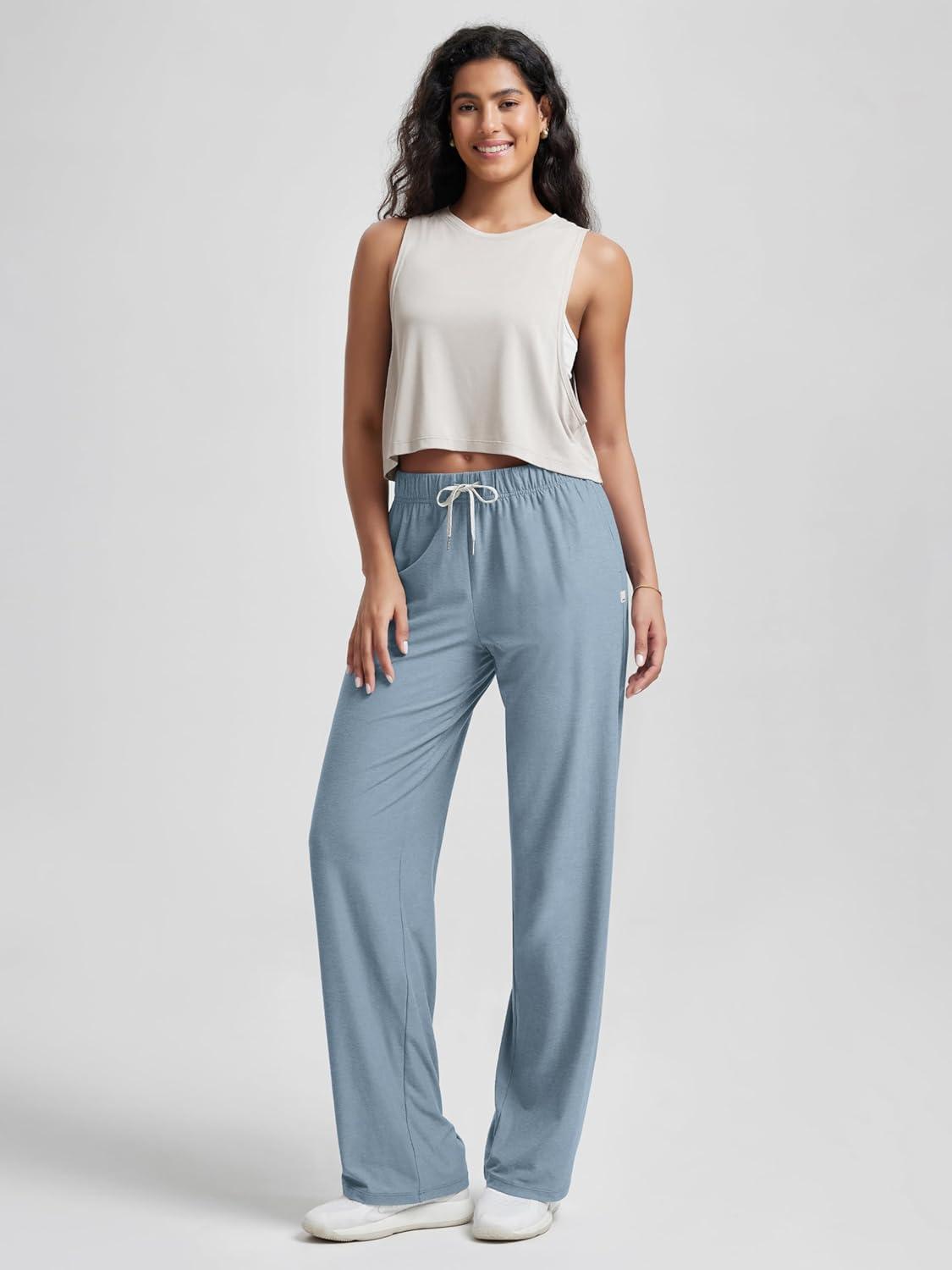 imageODODOS Womens Straight Leg Pants Ultra Soft Stratum Tech Relaxed Casual Pajama Lounge Pants with Pockets2931quot InseamDusty Blue Heather