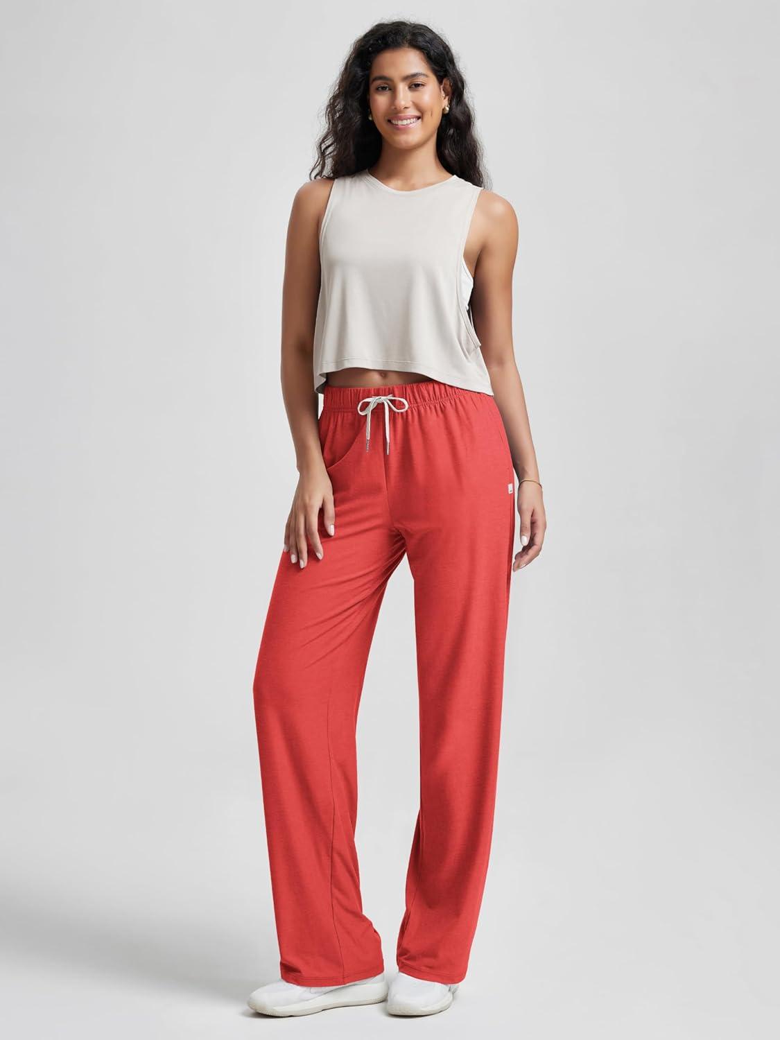 imageODODOS Womens Straight Leg Pants Ultra Soft Stratum Tech Relaxed Casual Pajama Lounge Pants with Pockets2931quot InseamRed Heather
