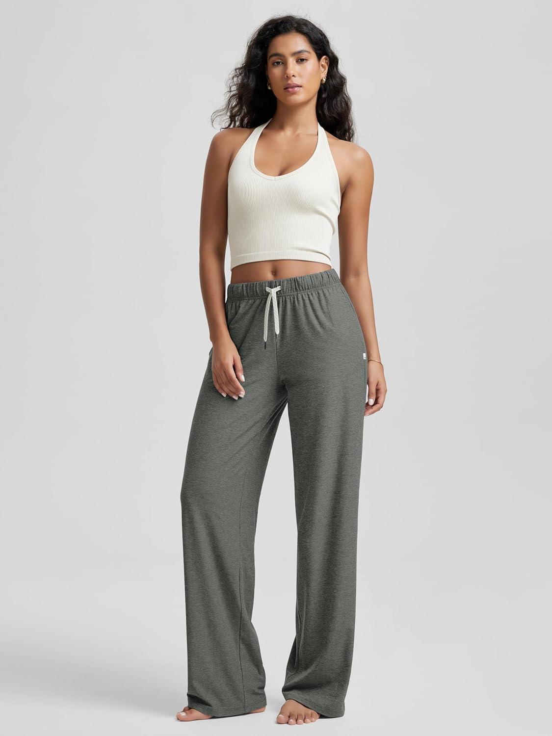 imageODODOS Womens Straight Leg Pants Ultra Soft Stratum Tech Relaxed Casual Pajama Lounge Pants with Pockets2931quot InseamSmoke Heather