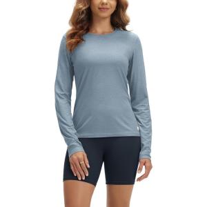 imageODODOS Womens Long Sleeve TShirt  Ultra Soft Stratum Tech Performance Top UPF 50 Breathable Crew Neck PulloverDusty Blue Heather