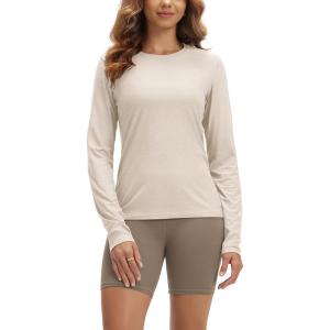 imageODODOS Womens Long Sleeve TShirt  Ultra Soft Stratum Tech Performance Top UPF 50 Breathable Crew Neck PulloverEcru Heather