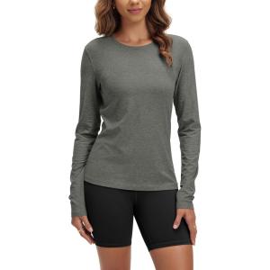 imageODODOS Womens Long Sleeve TShirt  Ultra Soft Stratum Tech Performance Top UPF 50 Breathable Crew Neck PulloverSmoke Heather