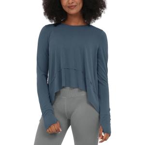 imageODODOS Long Sleeve Tee for Women with Thumb Hole Athletic Gym Workout Crop Tops Yoga Shirts Dark Blue Medium