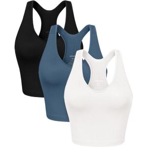 imageODODOS 3Pack Seamless Racerback Crop Tank for Women Ribbed Knit Soft Crop TopsBlackoceanwhite