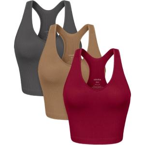 imageODODOS 3Pack Seamless Racerback Crop Tank for Women Ribbed Knit Soft Crop TopsCharcoalerminered