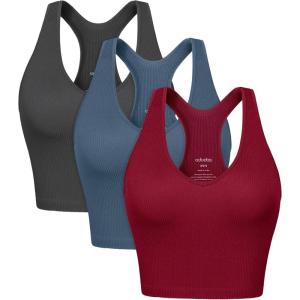 imageODODOS 3Pack Seamless Racerback Crop Tank for Women Ribbed Knit Soft Crop TopsCharcoaloceanred