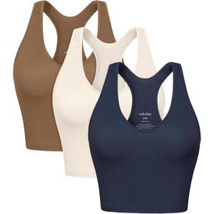 imageODODOS 3Pack Seamless Racerback Crop Tank for Women Ribbed Knit Soft Crop TopsErmineivorynavy