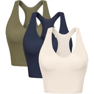 imageODODOS 3Pack Seamless Racerback Crop Tank for Women Ribbed Knit Soft Crop TopsIvorynavynutria