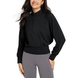 imageODODOS Womens Full Zip Workout Jacket Cloud Feeling Stand Collar Long Sleeve Lightweight Athletic Yoga TopsBlack