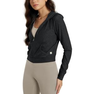 imageODODOS Womens FullZip Cropped Hoodie  Stratum Tech Ultra Soft UPF 50 Hooded Jacket with PocketsBlack Heather