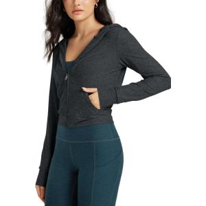 imageODODOS Womens FullZip Cropped Hoodie  Stratum Tech Ultra Soft UPF 50 Hooded Jacket with PocketsCharcoal Heather