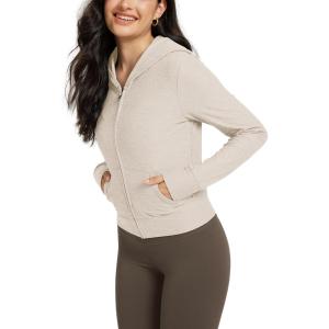 imageODODOS Womens FullZip Cropped Hoodie  Stratum Tech Ultra Soft UPF 50 Hooded Jacket with PocketsEcru Heather
