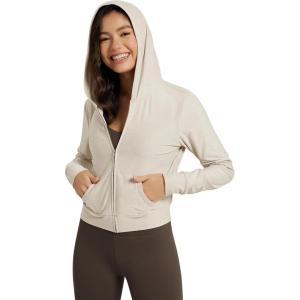 imageODODOS Womens FullZip Cropped Hoodie  Stratum Tech Ultra Soft UPF 50 Hooded Jacket with PocketsMilkweed Heather