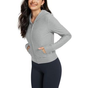 imageODODOS Womens FullZip Cropped Hoodie  Stratum Tech Ultra Soft UPF 50 Hooded Jacket with PocketsPale Grey Heather