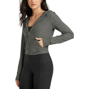 imageODODOS Womens FullZip Cropped Hoodie  Stratum Tech Ultra Soft UPF 50 Hooded Jacket with PocketsSmoke Heather