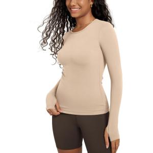 imageODODOS Womens Long Sleeve Shirts with Thumb Hole Cloud Feeling Soft Crew Neck Slim Fit Tee Yoga Athletic Workout TopsBeige