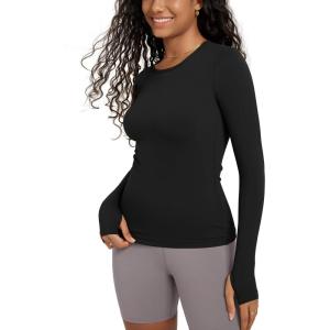 imageODODOS Womens Long Sleeve Shirts with Thumb Hole Cloud Feeling Soft Crew Neck Slim Fit Tee Yoga Athletic Workout TopsBlack